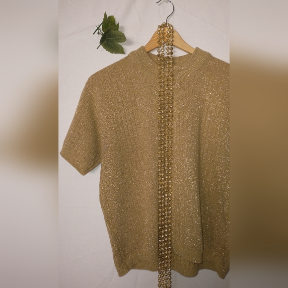 Vintage Retro Gold Short Sleeve Knit Glam Sparkle Sweater By Norton McNaughton L - Picture 2 of 6
